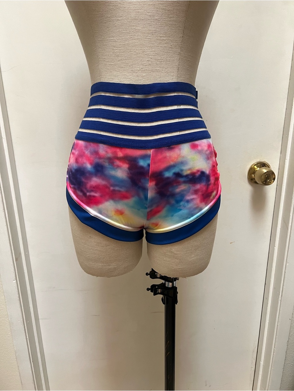 High-Waist Tie-Dye Athletic Shorts with Navy Trim